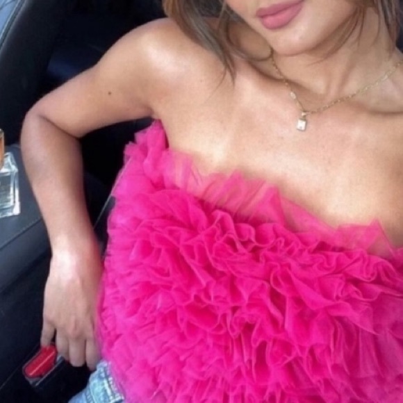 ZARA Dark Fuschia Pink Layered Ruffle Tulle Strapless Crop Tube Top - Picture 12 of 12